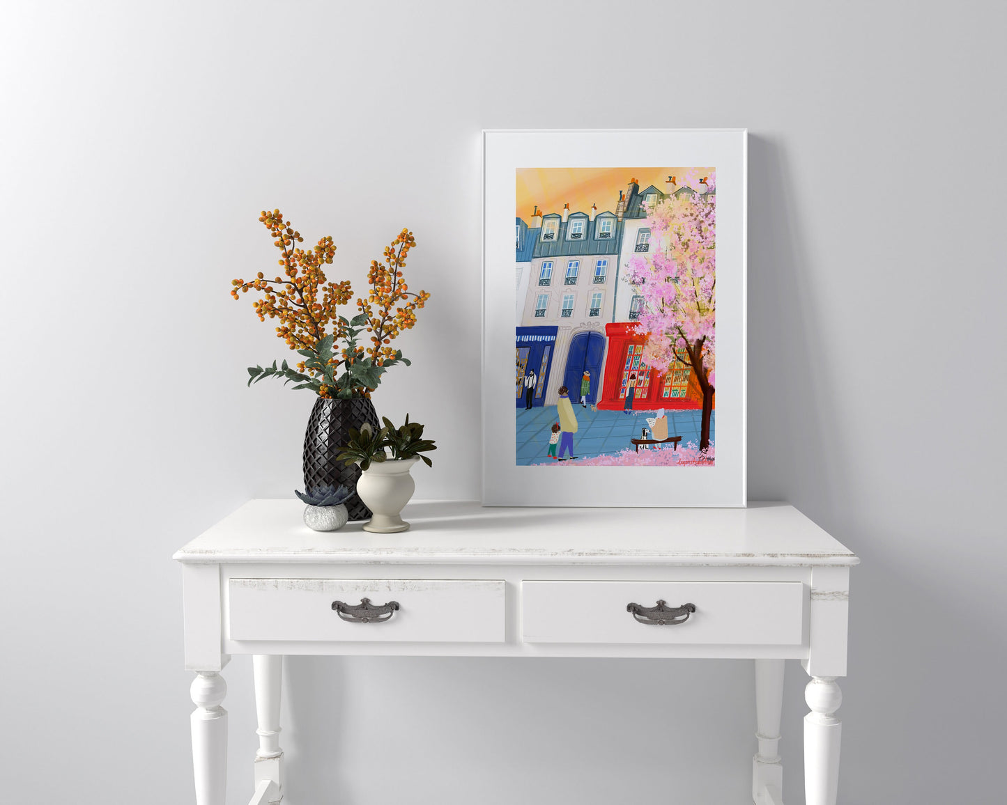Paris Bookshop Art Print: Spring Blossoms, Golden Sunset