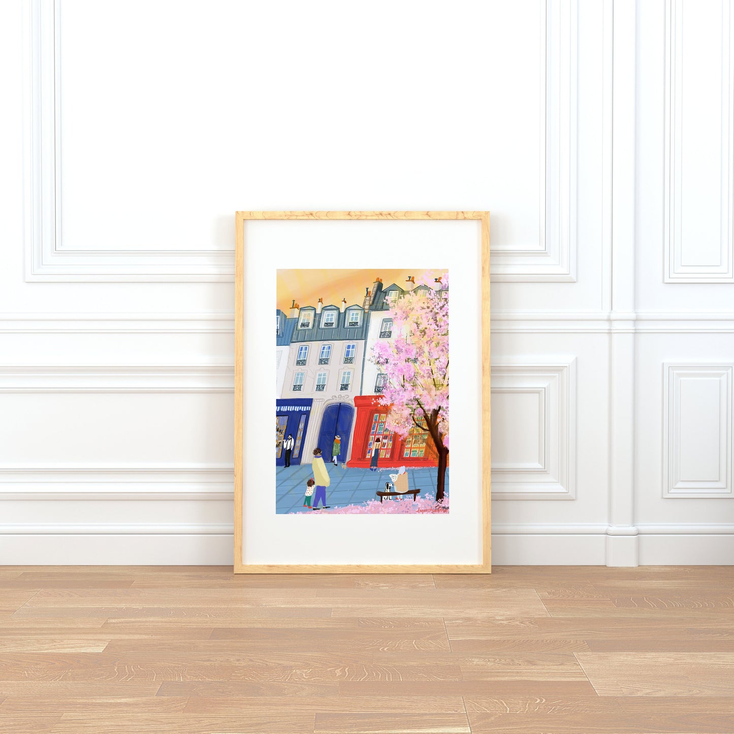 Paris Bookshop Art Print: Spring Blossoms, Golden Sunset
