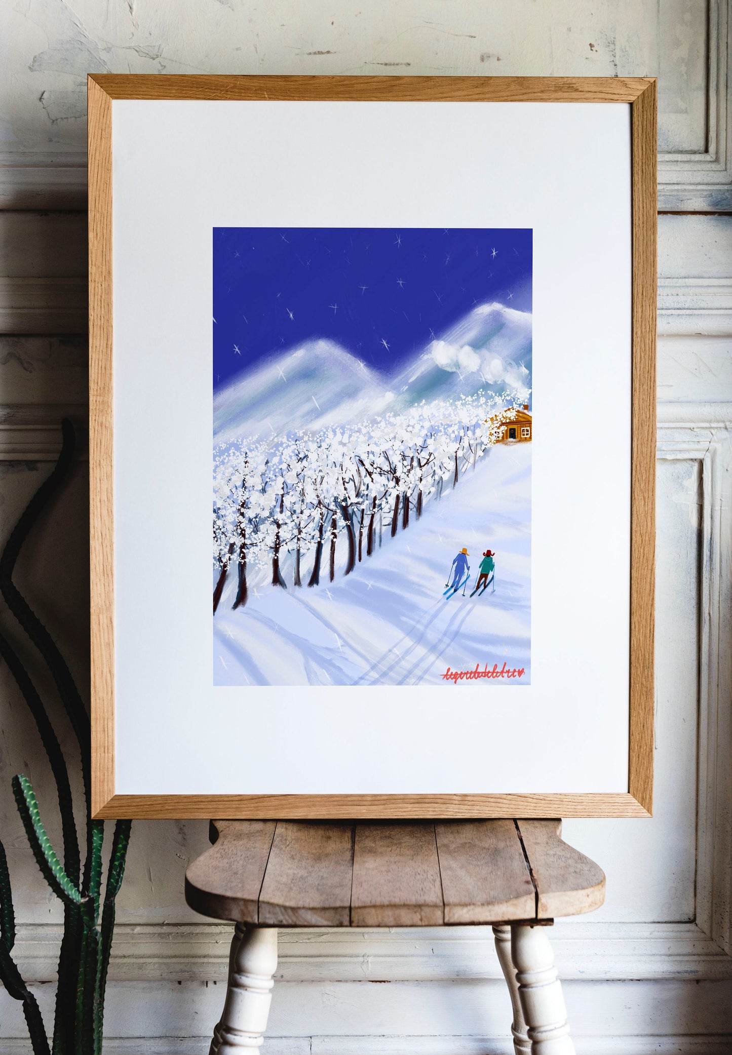 Christmas Skiers Print: Snowy Mountain Landscape Art (Digital Illustration)