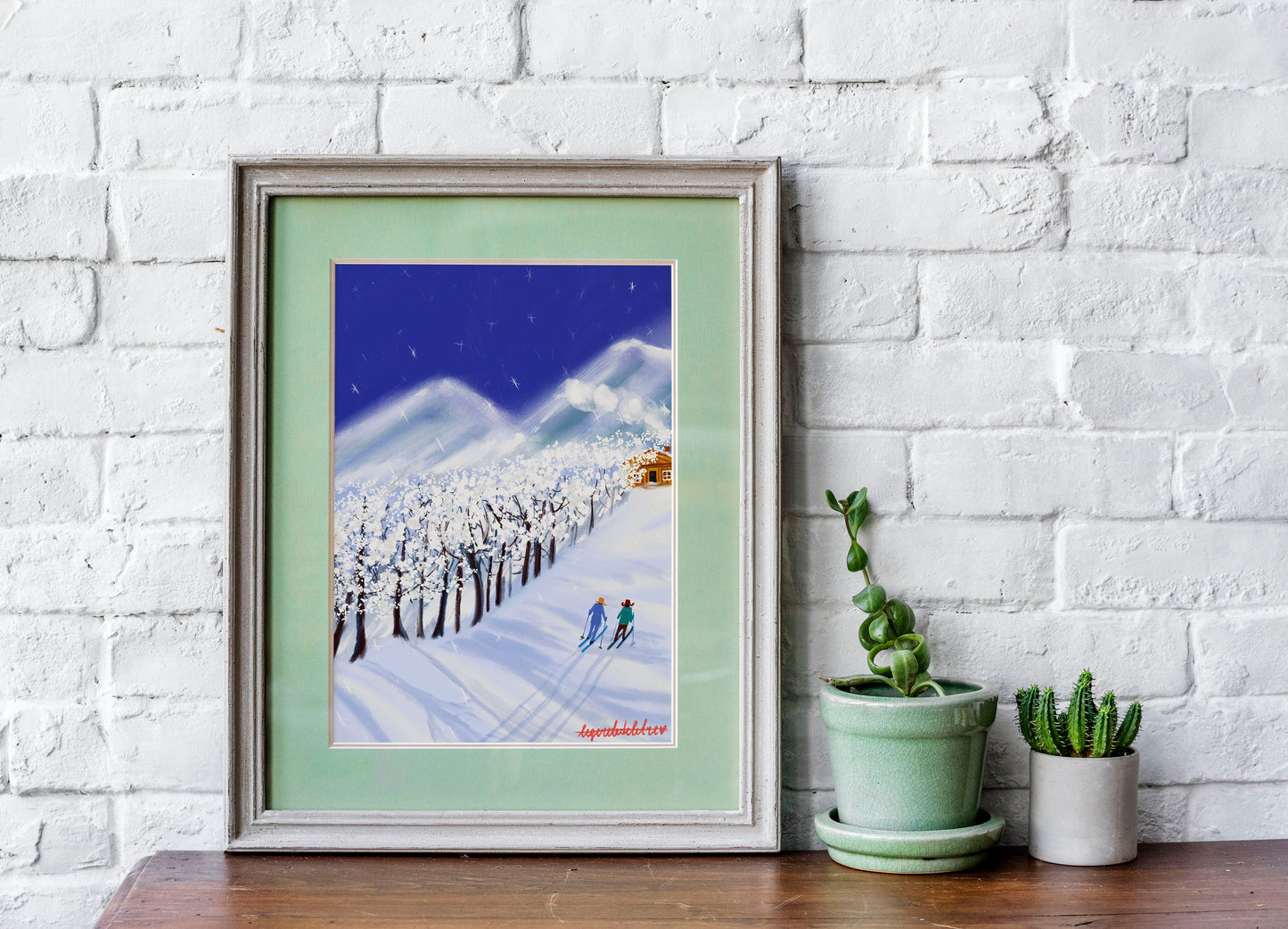 Christmas Skiers Print: Snowy Mountain Landscape Art (Digital Illustration)