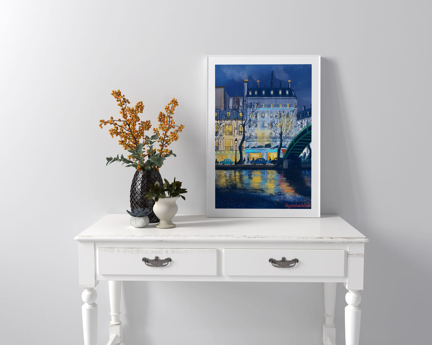 Canal Saint-Martin Night Art Poster: Romantic Blue Night in Paris.Paris memory gift.Autumn wall Decor.Cozy home decor.