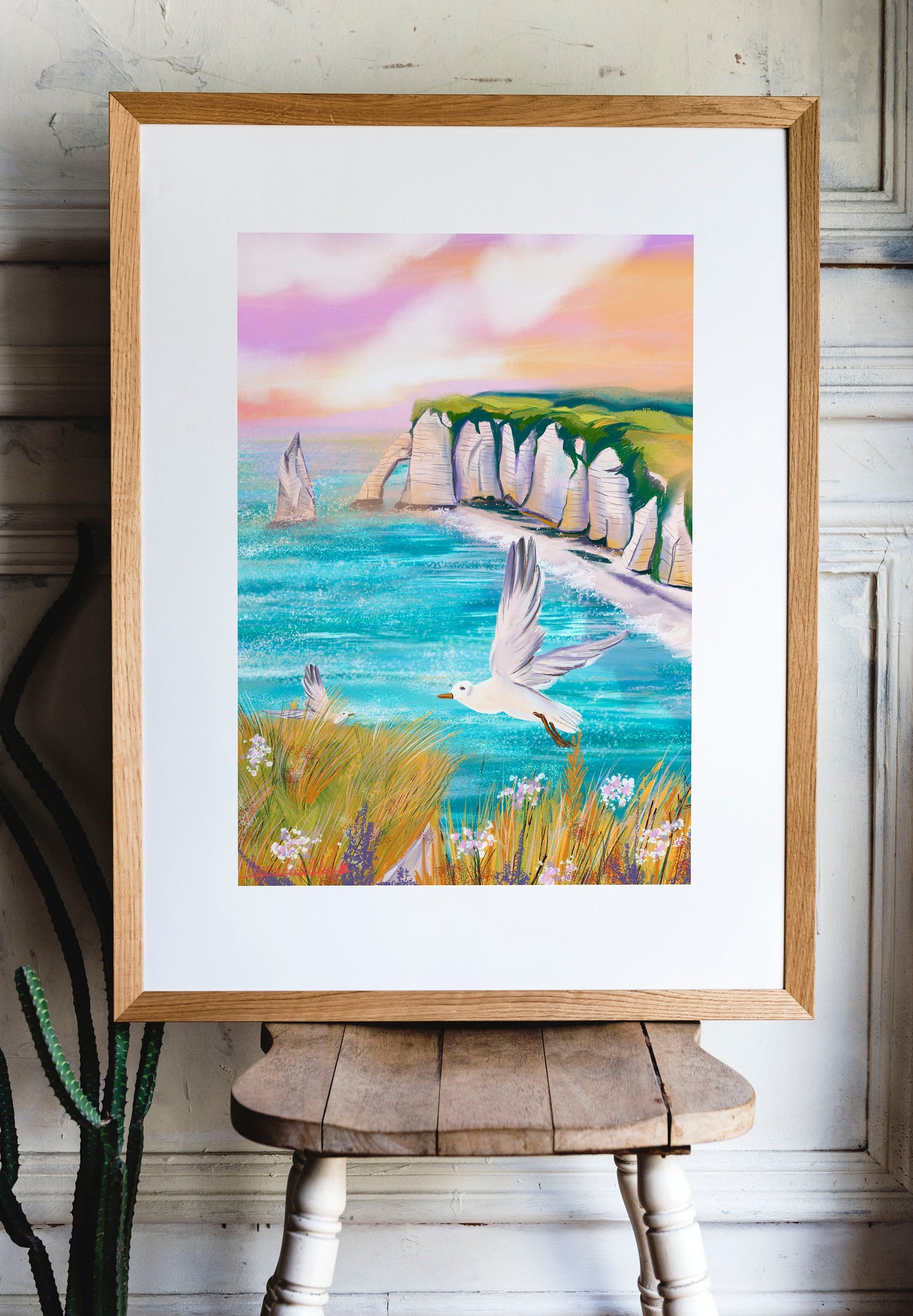 Etretat Sunset Art Print: Normandy Coast Seagulls (Fine Art Paper)