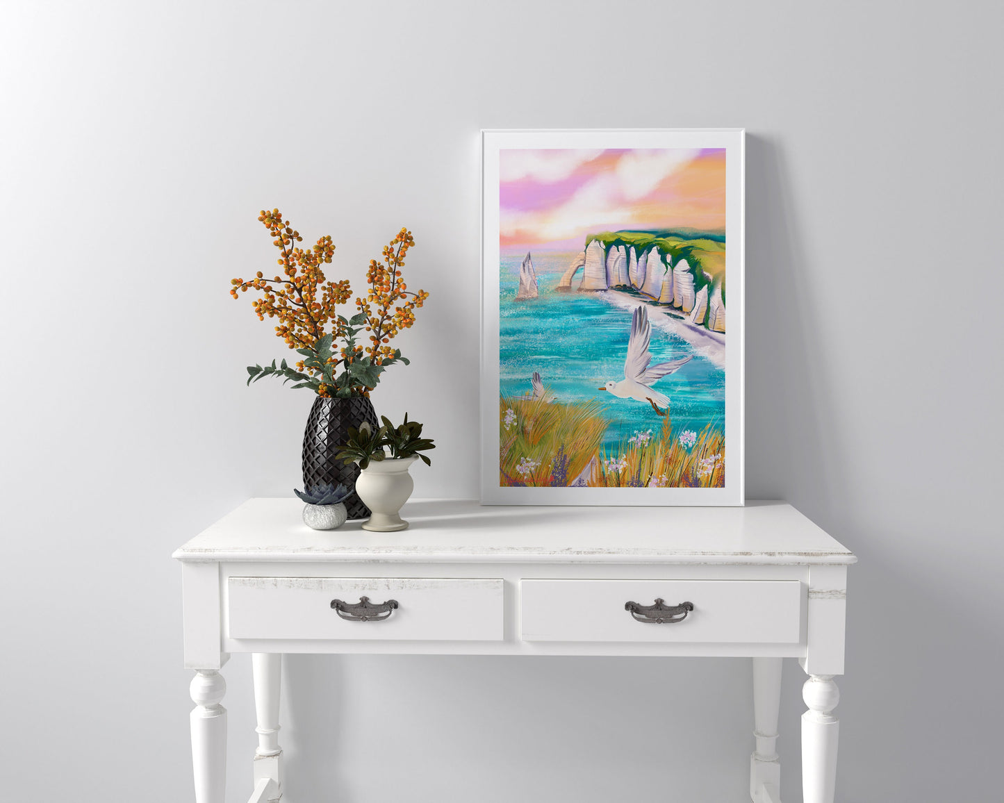 Etretat Sunset Art Print: Normandy Coast Seagulls (Fine Art Paper)