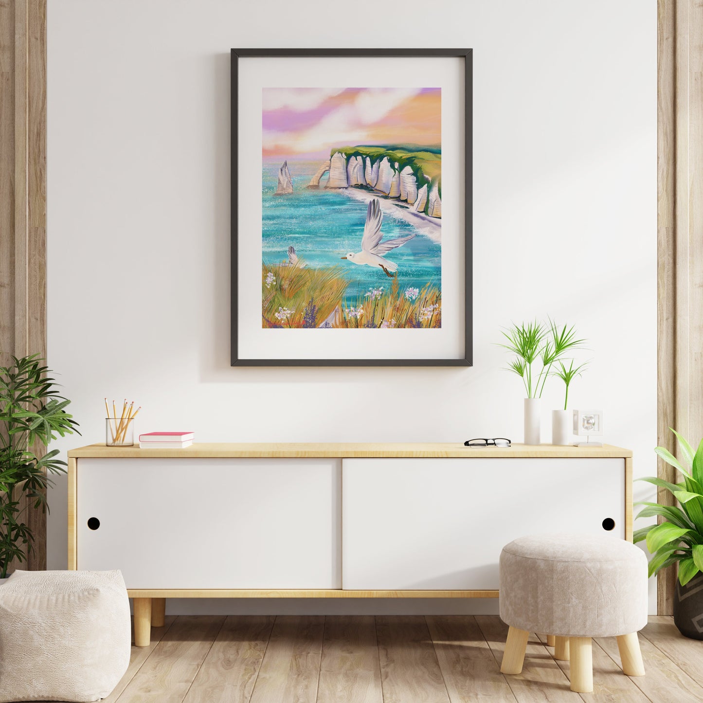 Etretat Sunset Art Print: Normandy Coast Seagulls (Fine Art Paper)