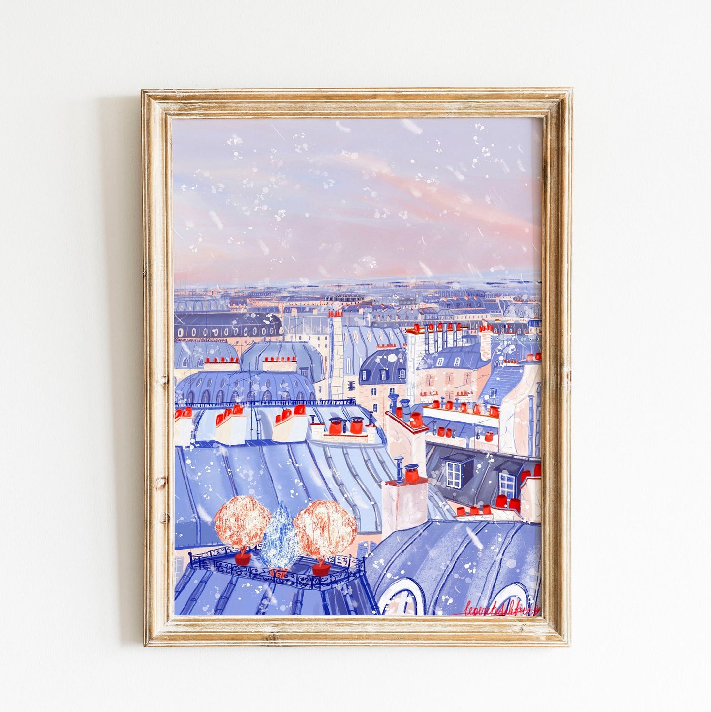 Paris Rooftops Snow Art Poster: Winter City View