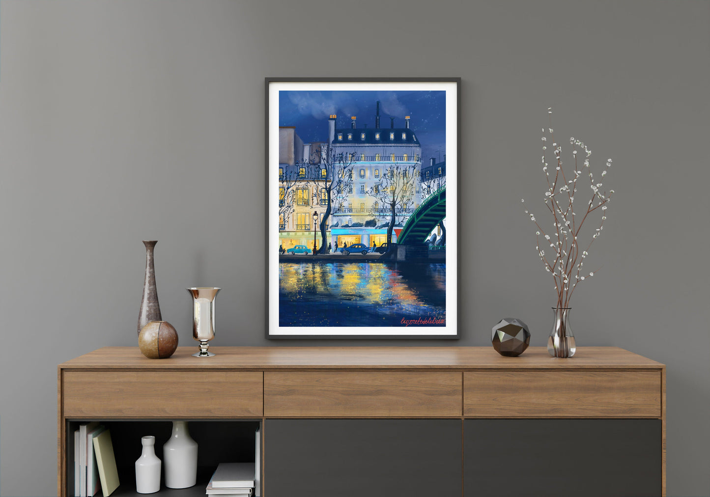 Canal Saint-Martin Night Art Poster: Romantic Blue Night in Paris.Paris memory gift.Autumn wall Decor.Cozy home decor.