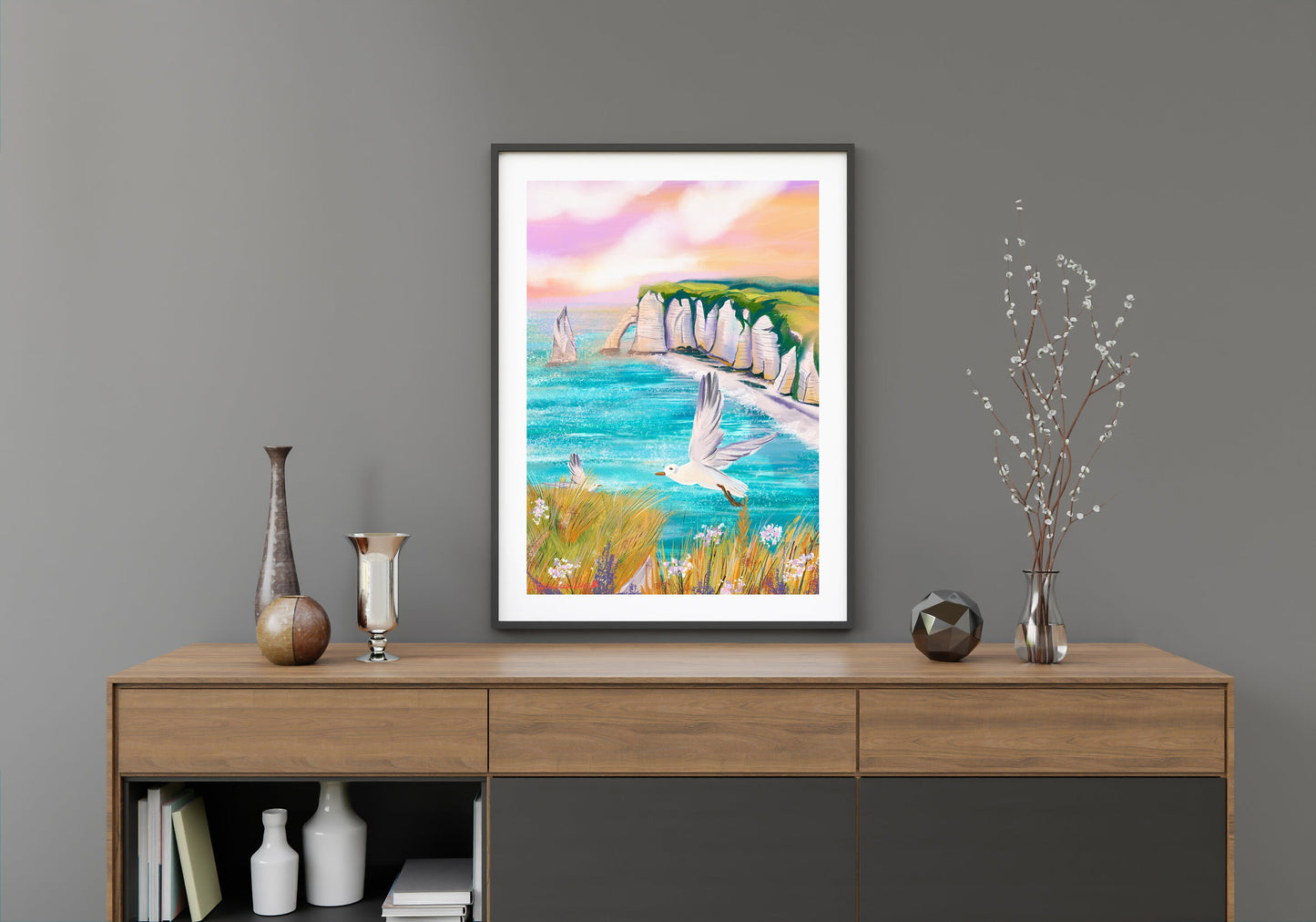Etretat Sunset Art Print: Normandy Coast Seagulls (Fine Art Paper)