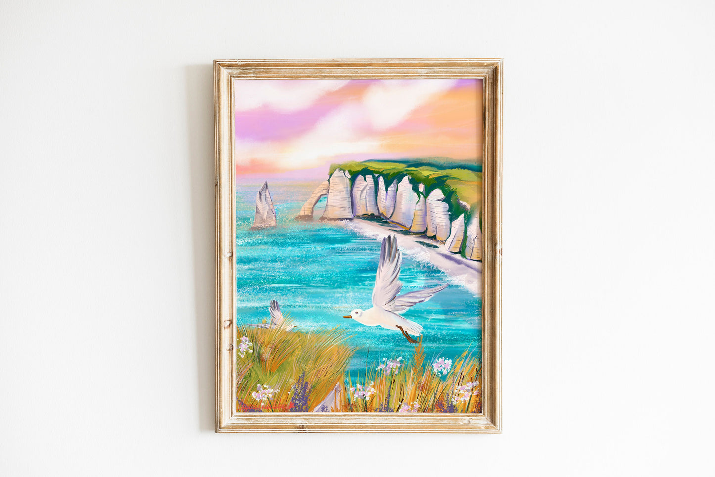 Etretat Sunset Art Print: Normandy Coast Seagulls (Fine Art Paper)