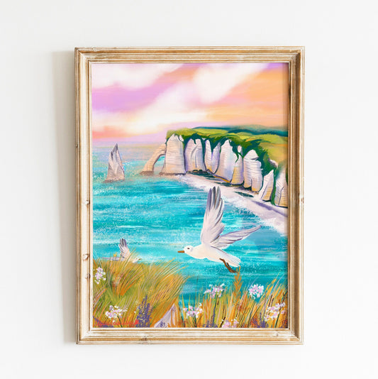 Etretat Sunset Art Print: Normandy Coast Seagulls (Fine Art Paper)