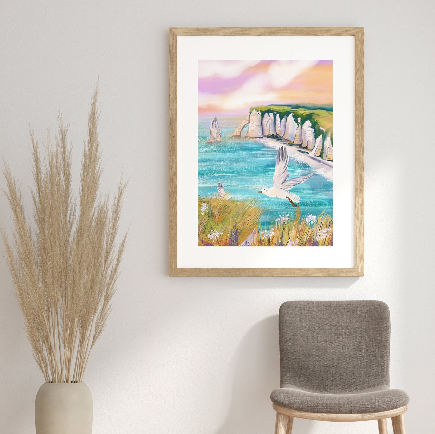 Etretat Sunset Art Print: Normandy Coast Seagulls (Fine Art Paper)