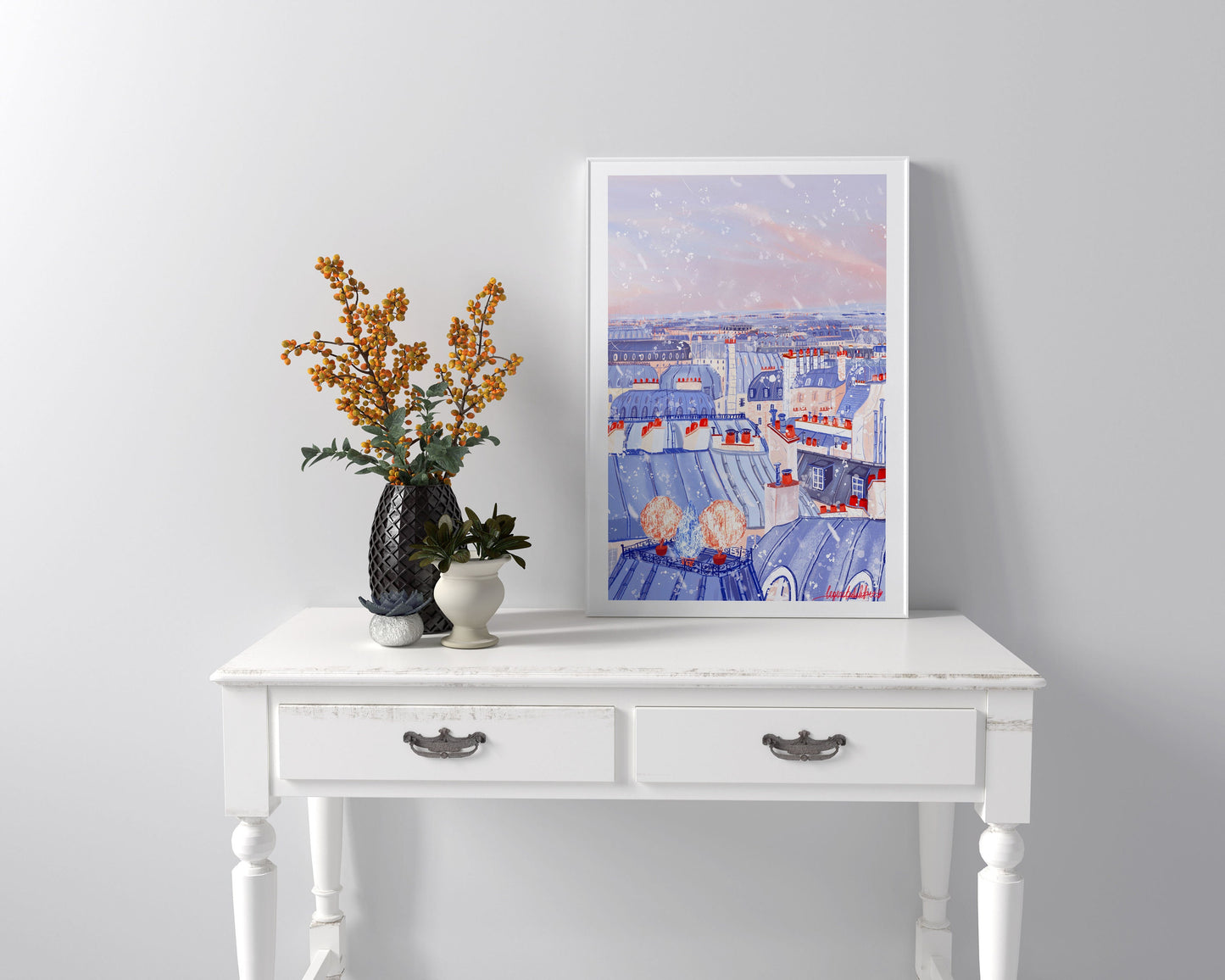 Paris Rooftops Snow Art Poster: Winter City View