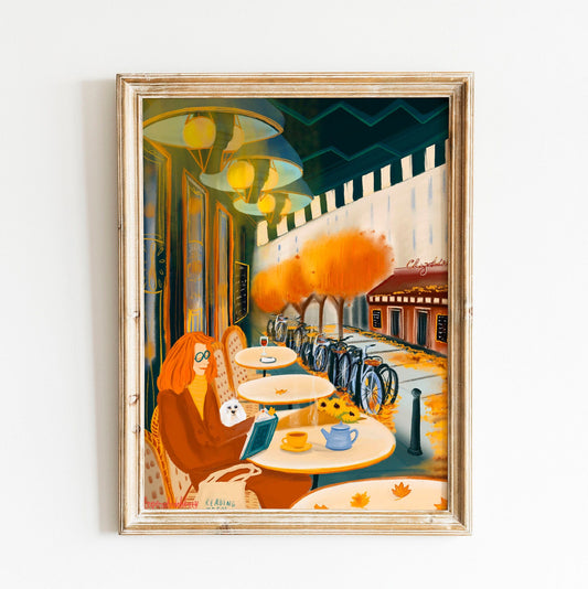 Autumn Reading in Paris Art Print: Booklover Wall Decor