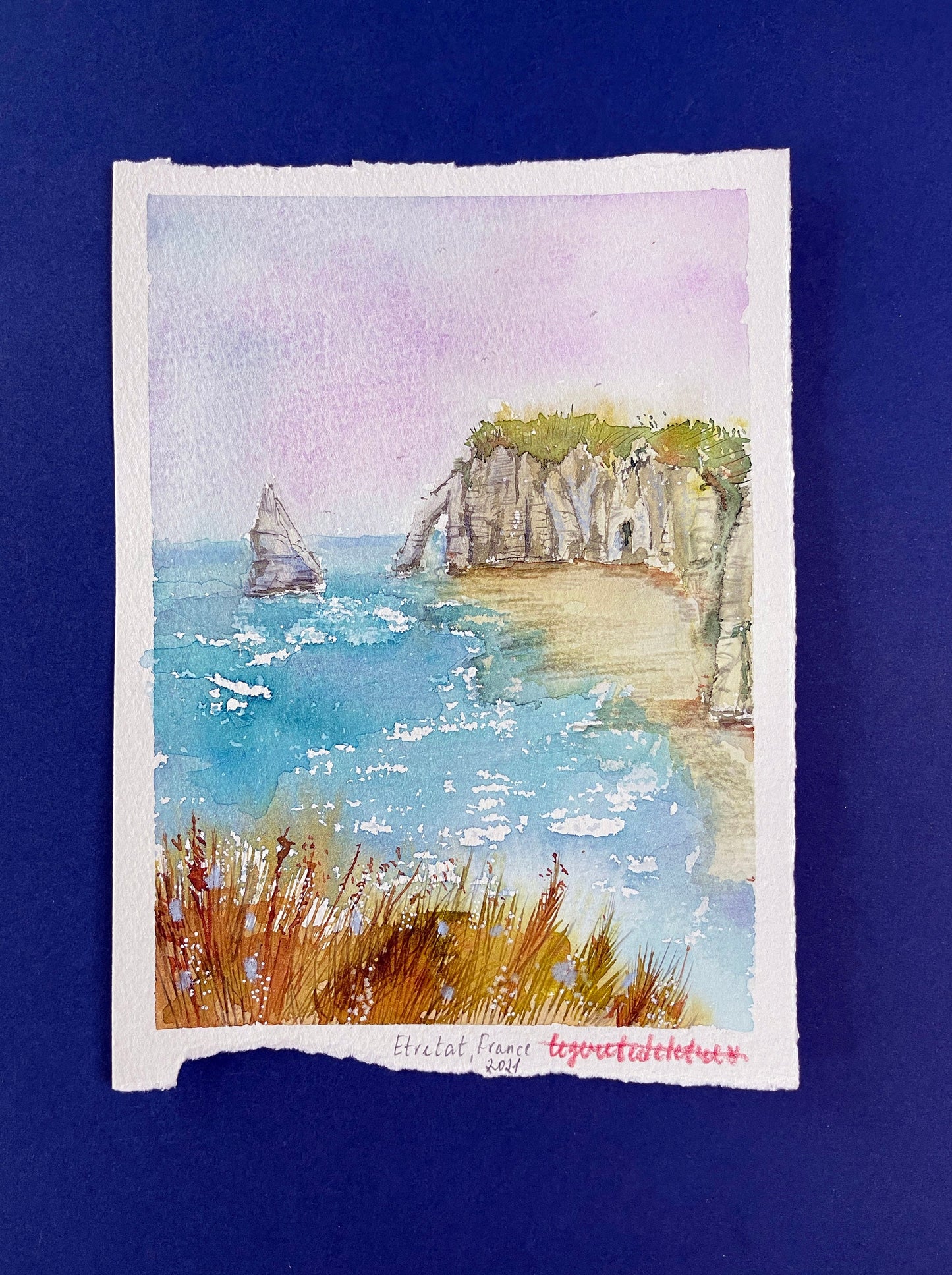 Etretat Sunset Watercolor Sketch: Original Landscape Painting (13x18cm)