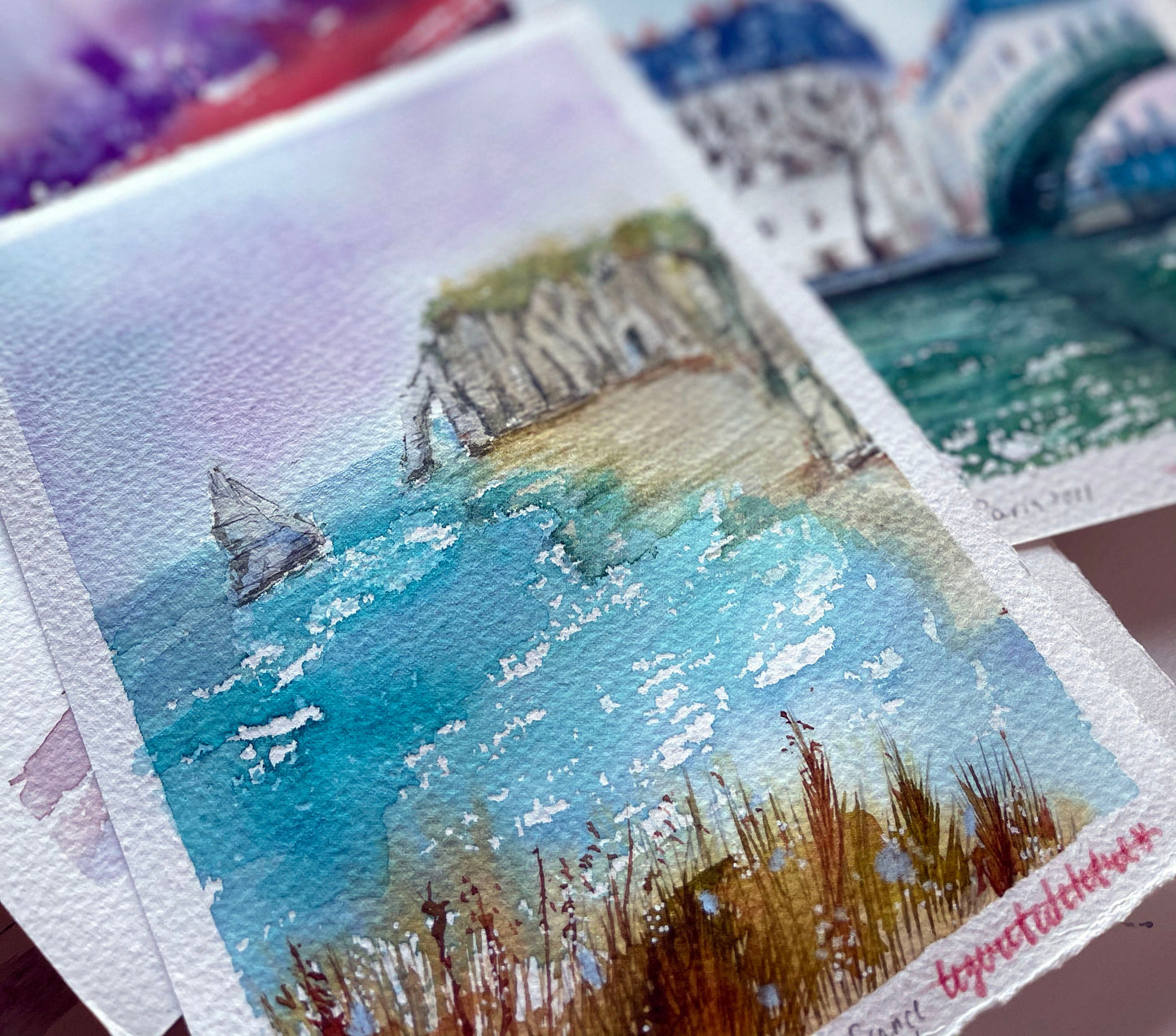 Etretat Sunset Watercolor Sketch: Original Landscape Painting (13x18cm)