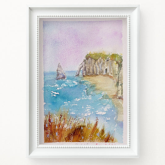 Etretat Sunset Watercolor Sketch: Original Landscape Painting (13x18cm)