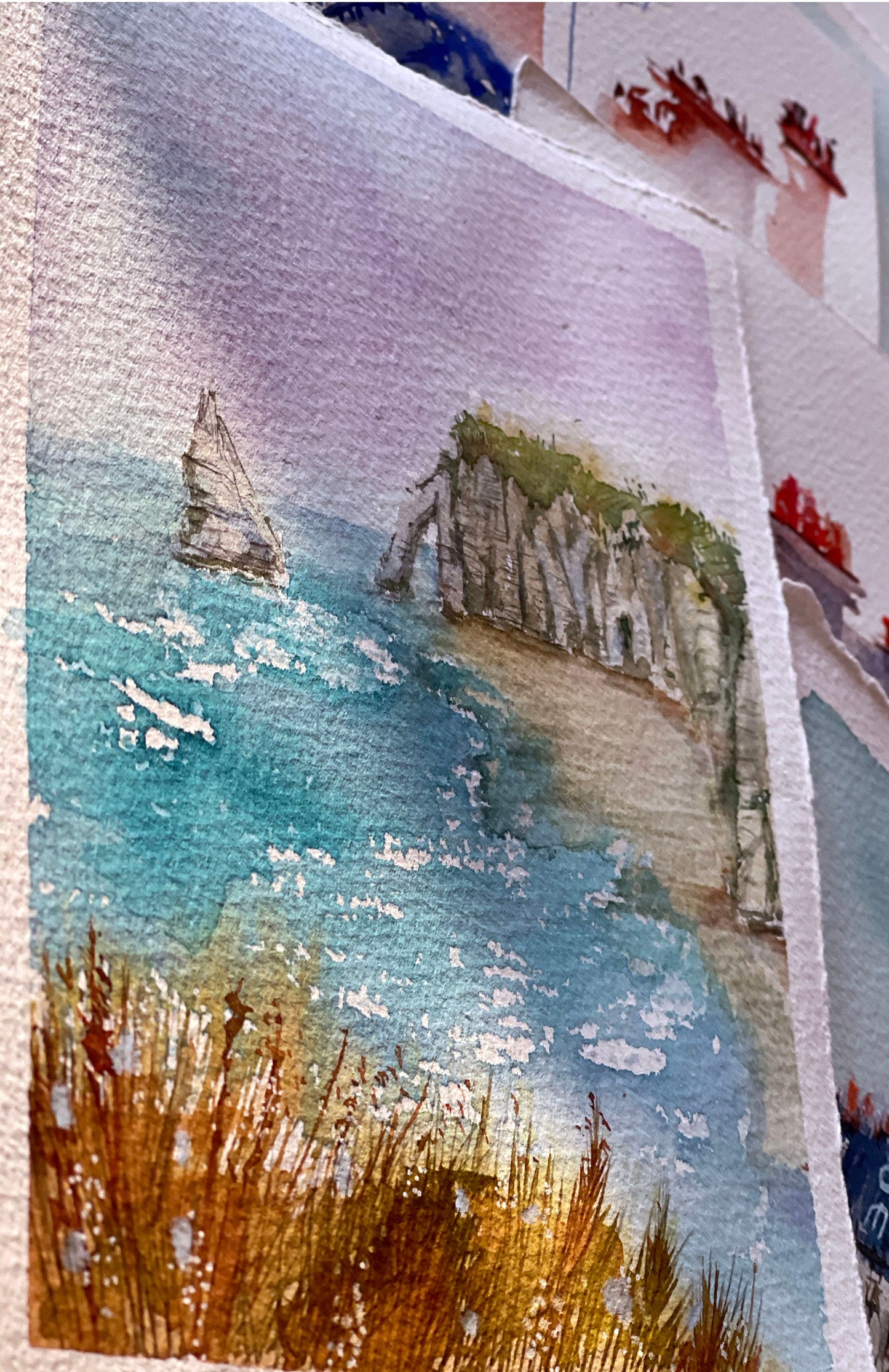 Etretat Sunset Watercolor Sketch: Original Landscape Painting (13x18cm)