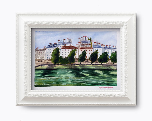 Seine River Watercolor Painting: Original Paris Architecture Sketch