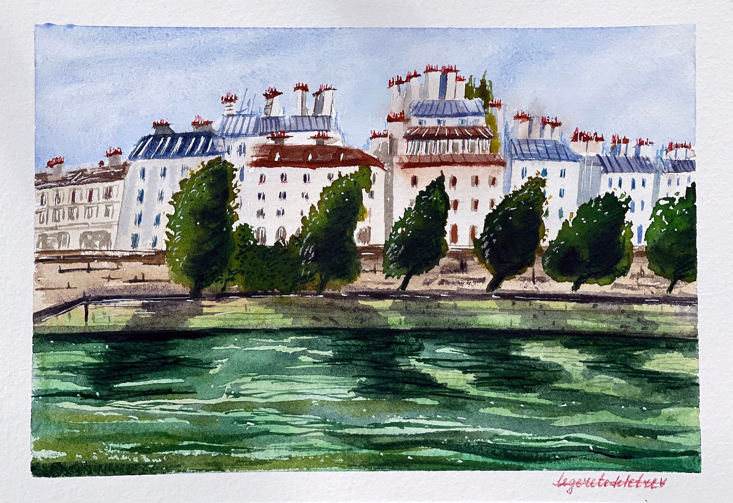 Seine River Watercolor Painting: Original Paris Architecture Sketch