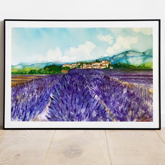 Lavender Field Original Watercolor Painting: Valensole Provence Art