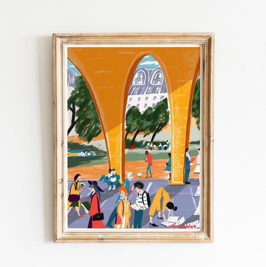 Back to School Art Print: Students in Paris, Colorful Illustration