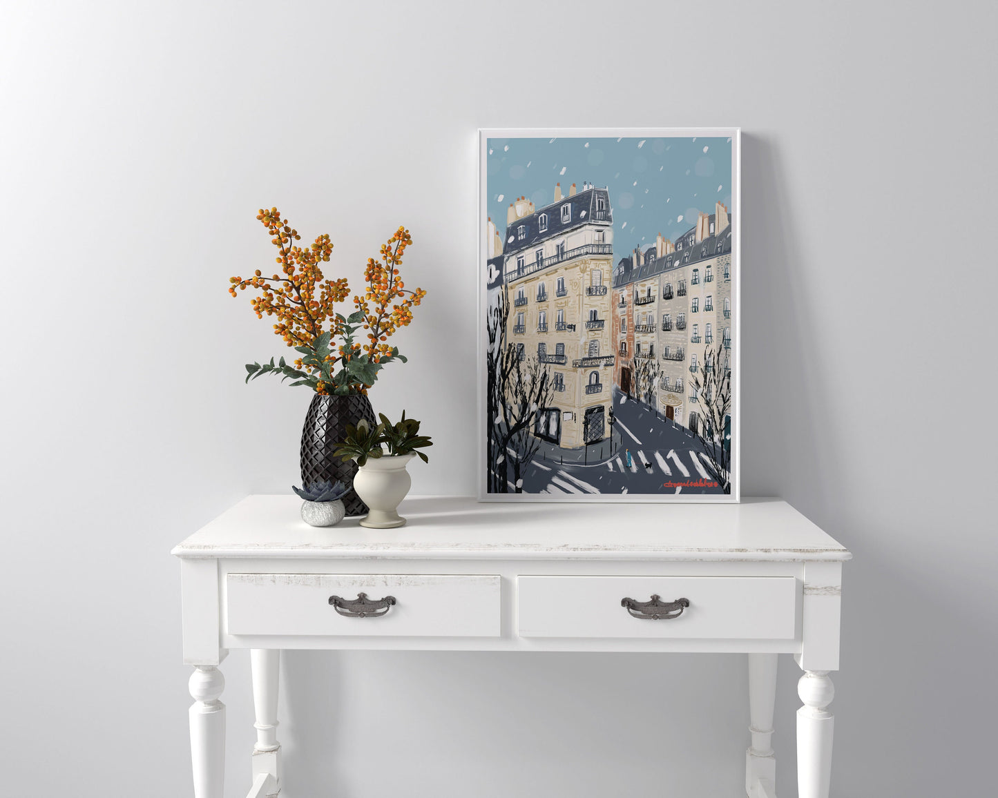 Paris Winter Street Scene Illustration: January in Paris Wall art