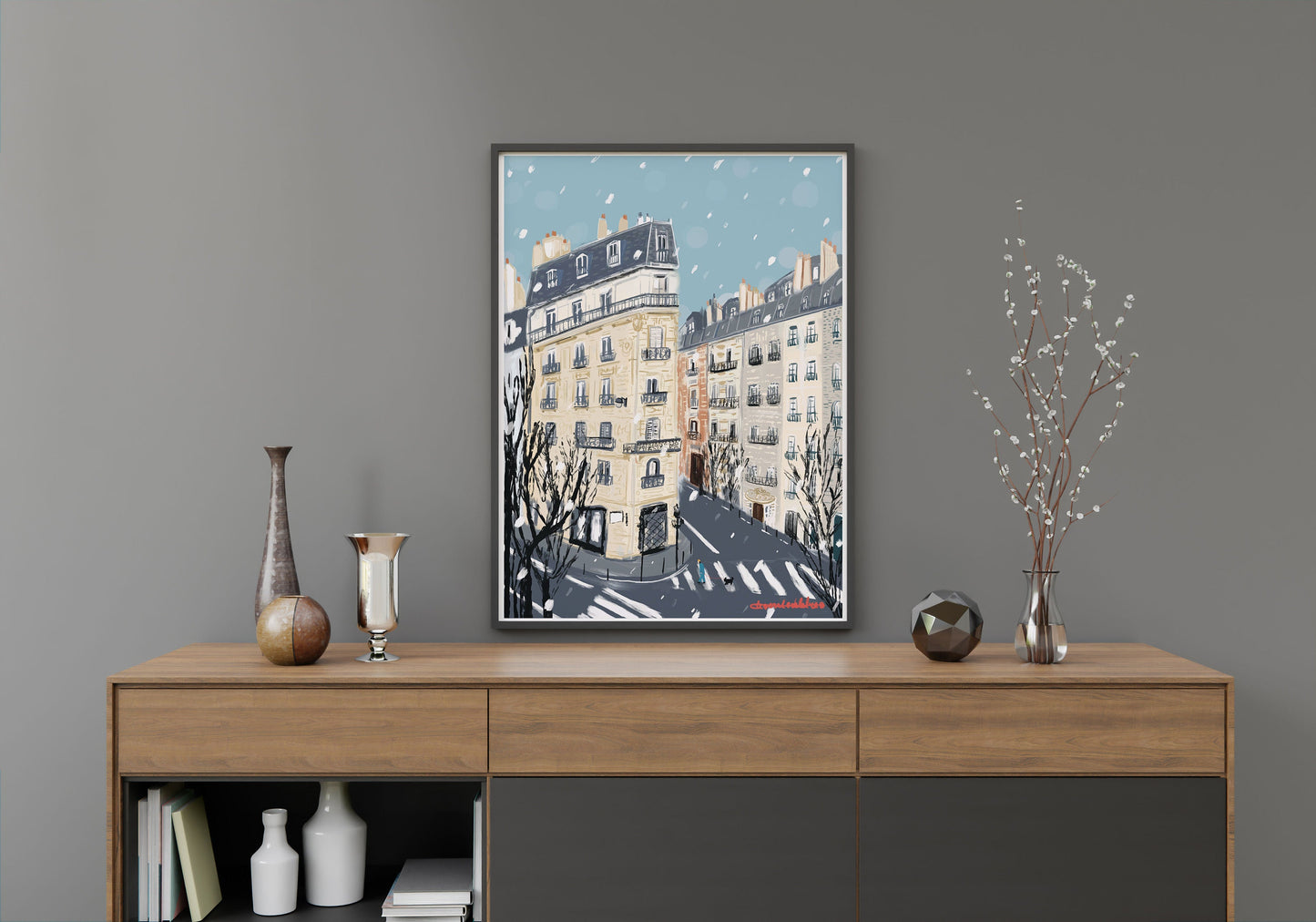 Paris Winter Street Scene Illustration: January in Paris Wall art