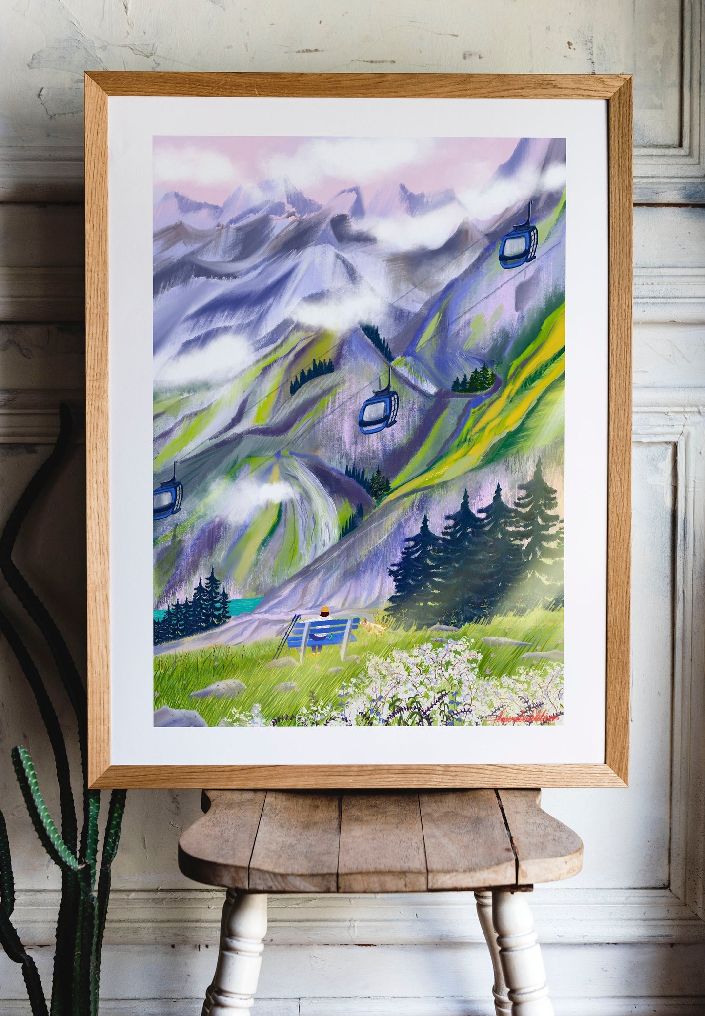 Swiss Alps Art Poster: Mountain Hiking Illustration