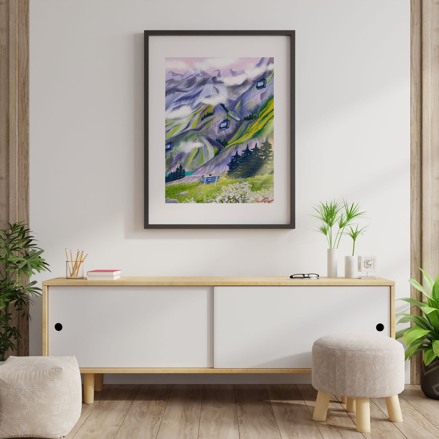 Swiss Alps Art Poster: Mountain Hiking Illustration
