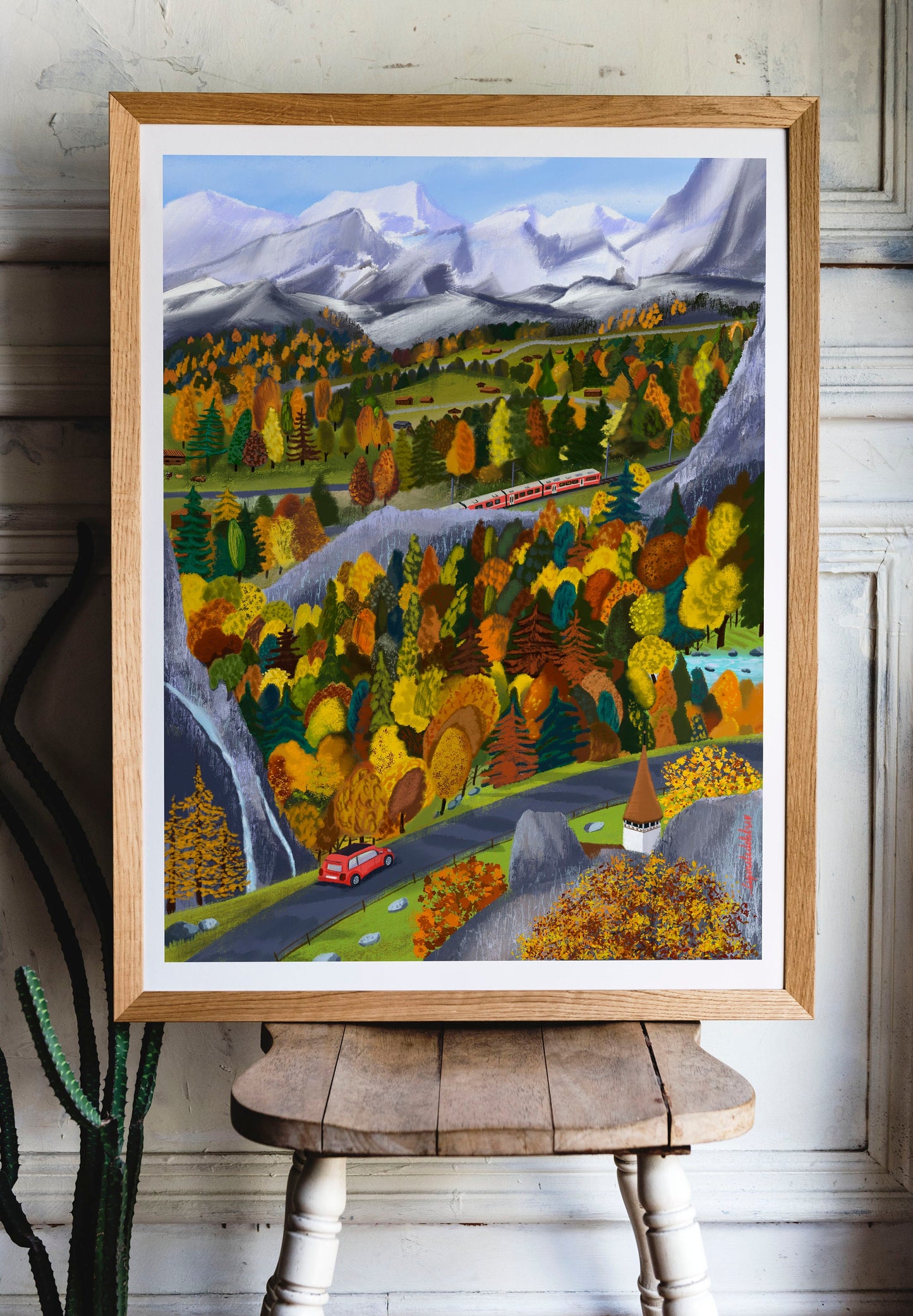Swiss Alps Autumn Art Print: Colorful Mountain Illustration