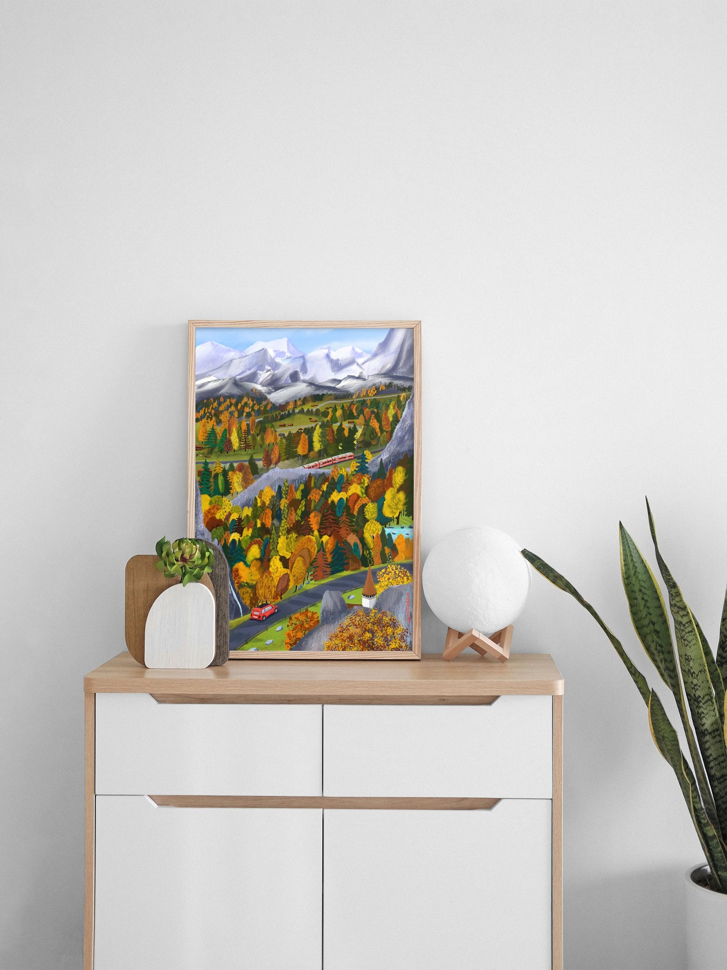 Swiss Alps Autumn Art Print: Colorful Mountain Illustration