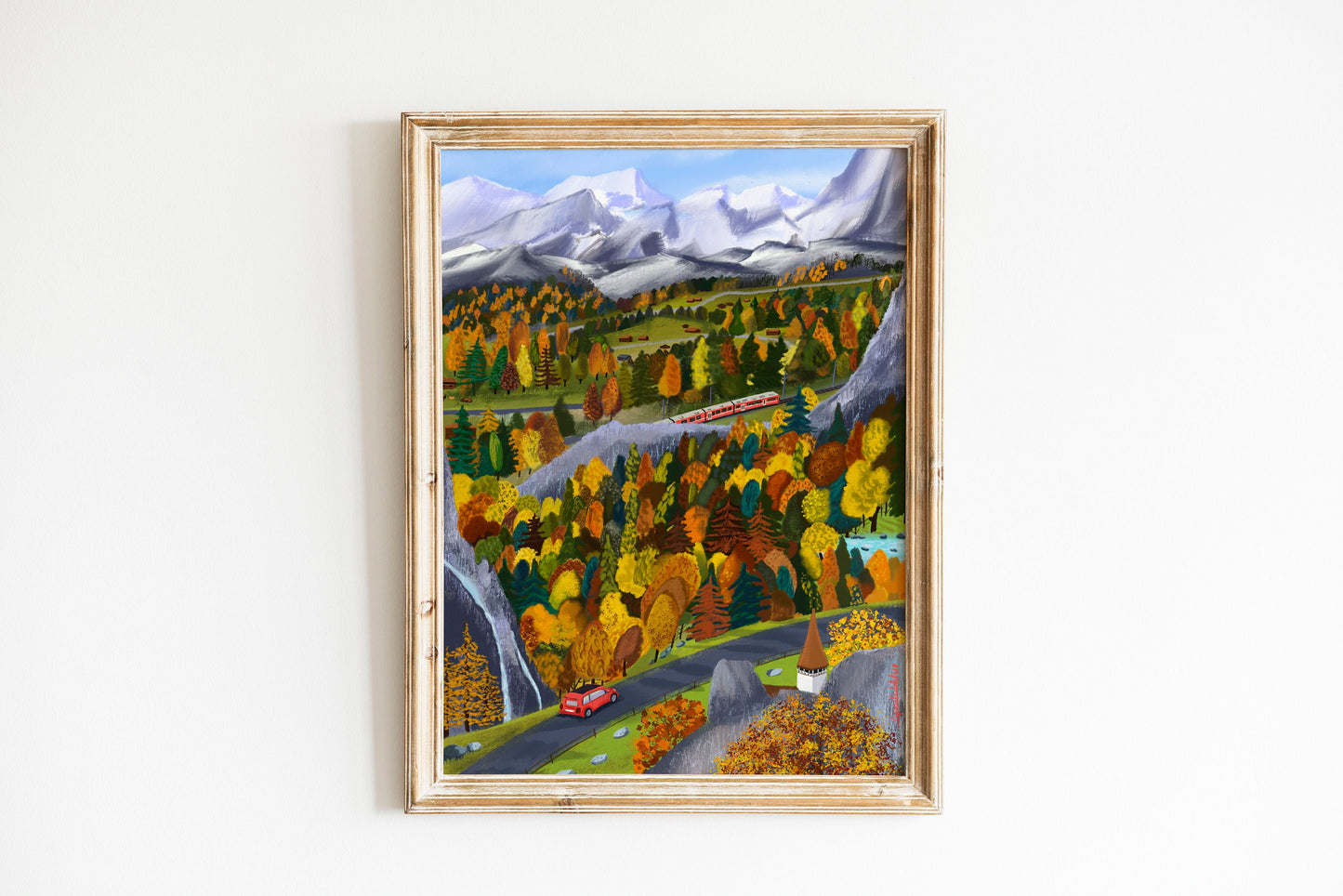 Swiss Alps Autumn Art Print: Colorful Mountain Illustration