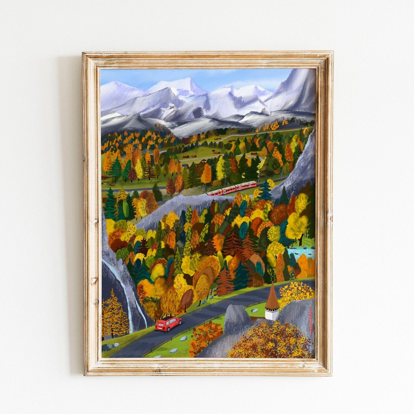 Swiss Alps Autumn Art Print: Colorful Mountain Illustration