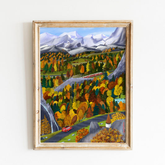 Swiss Alps Autumn Art Print: Colorful Mountain Illustration