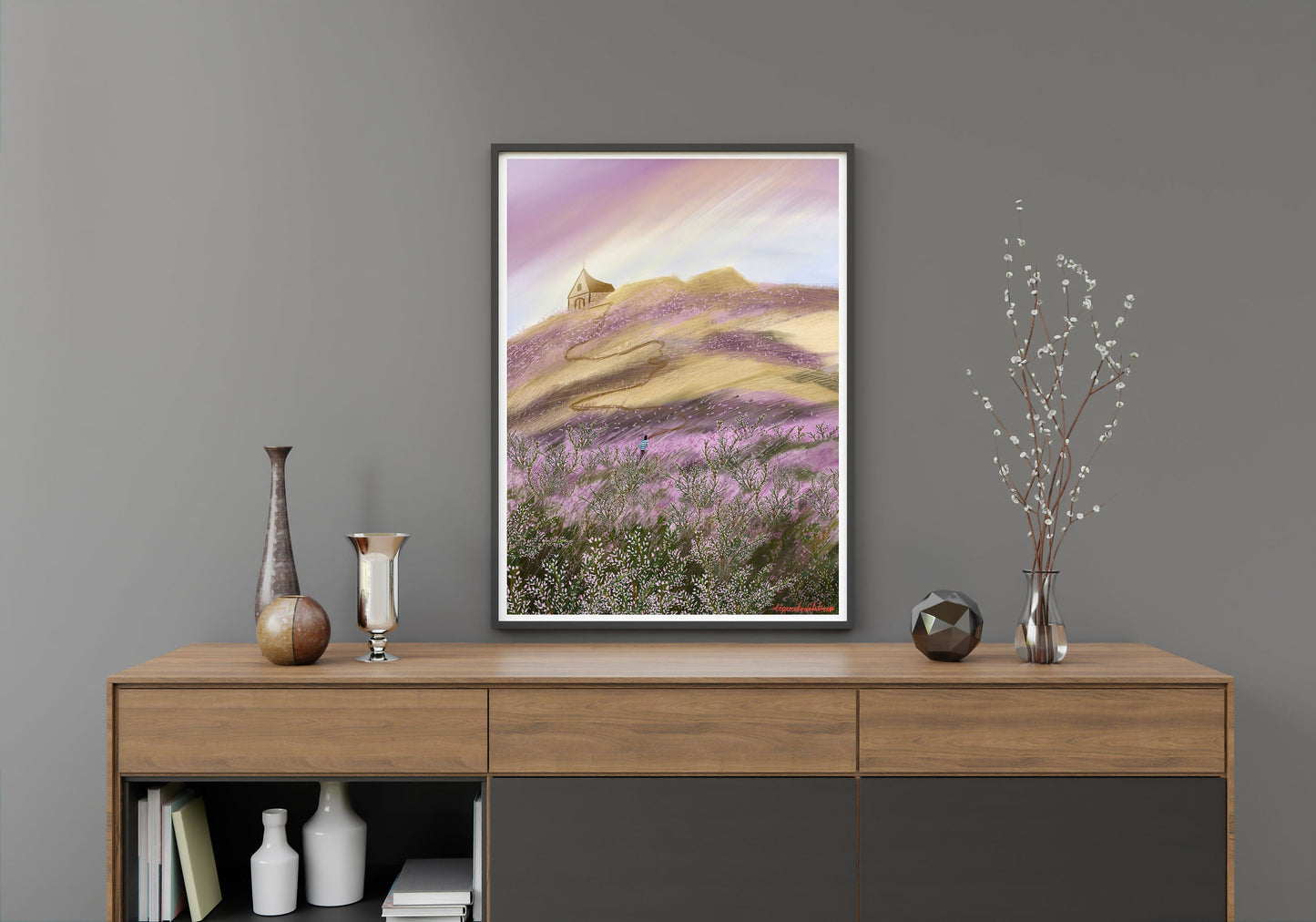 Heather Field Art Print: Church on Hill Illustration, Kitchen Wall art , Botanical art poster