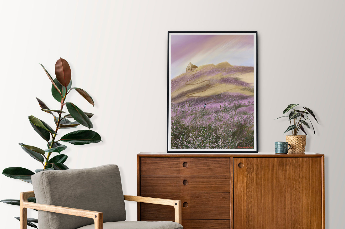 Heather Field Art Print: Church on Hill Illustration, Kitchen Wall art , Botanical art poster