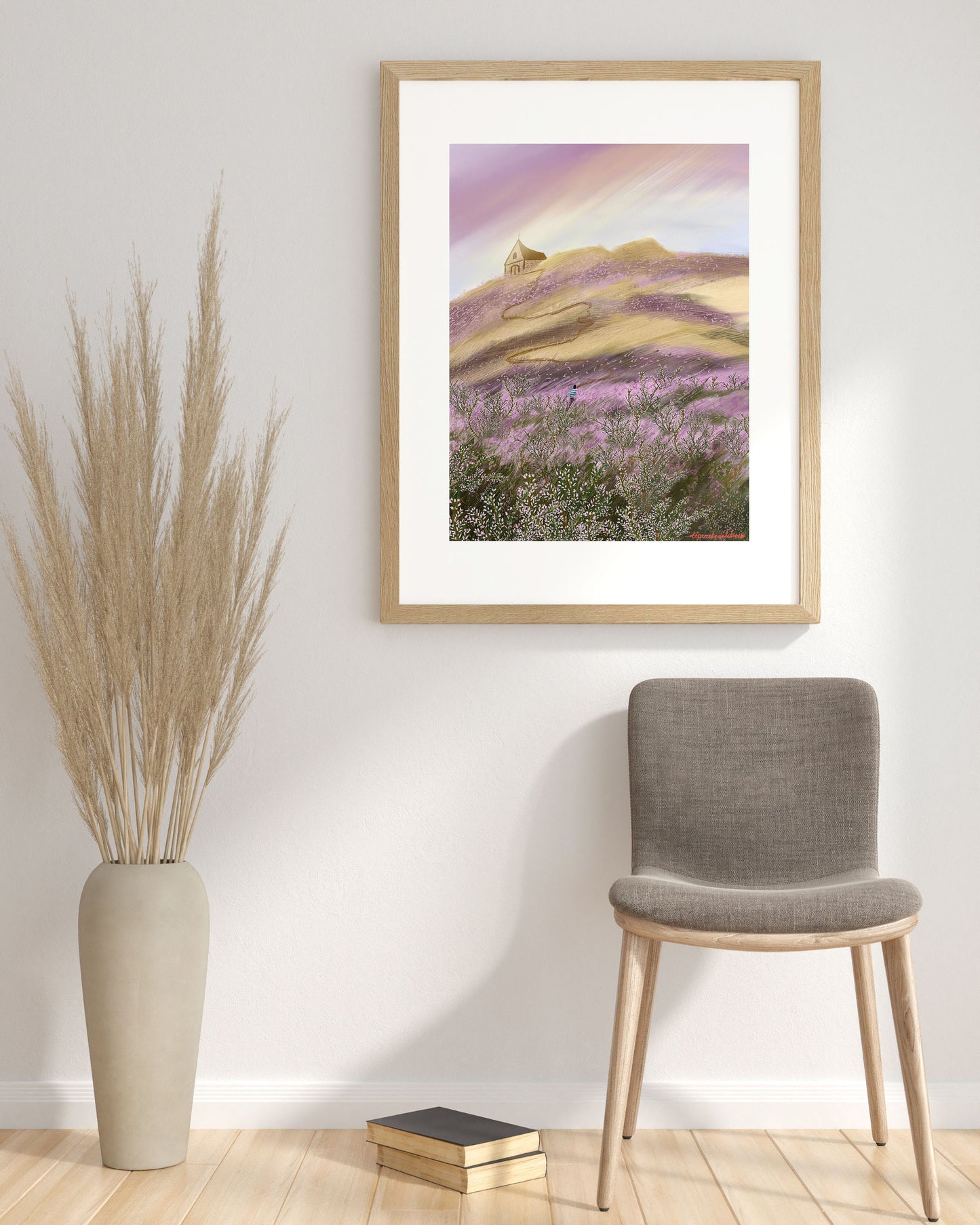 Heather Field Art Print: Church on Hill Illustration, Kitchen Wall art , Botanical art poster