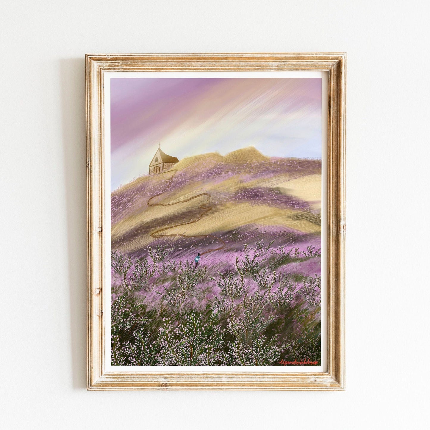 Heather Field Art Print: Church on Hill Illustration, Kitchen Wall art , Botanical art poster