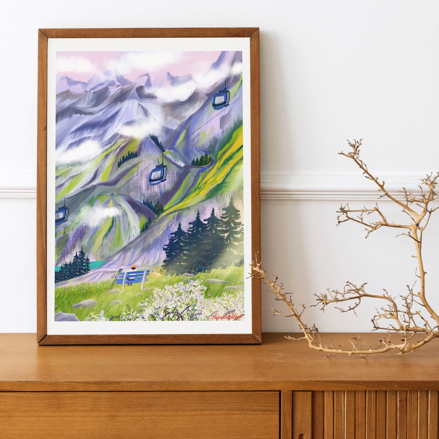 Swiss Alps Art Poster: Mountain Hiking Illustration