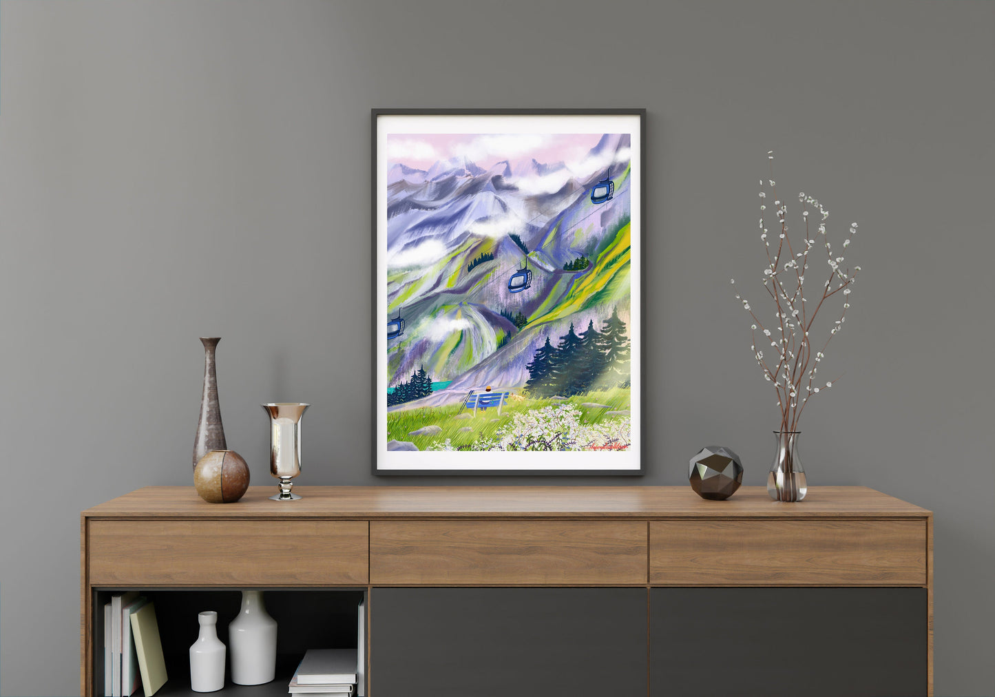 Swiss Alps Art Poster: Mountain Hiking Illustration