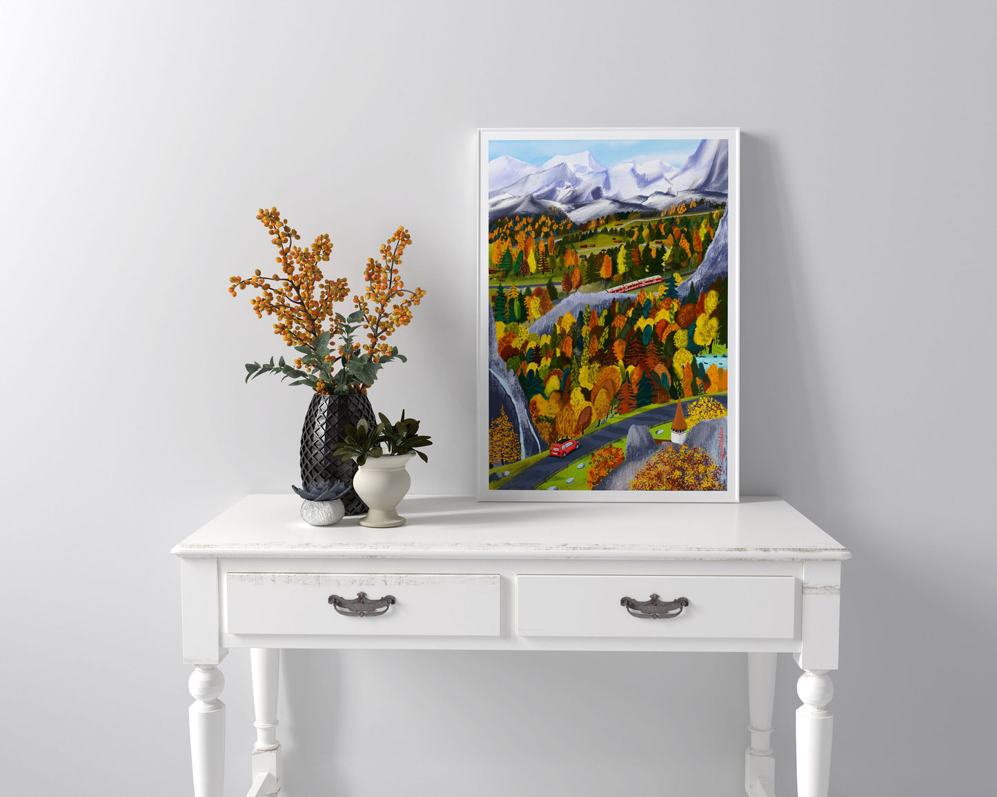 Swiss Alps Autumn Art Print: Colorful Mountain Illustration