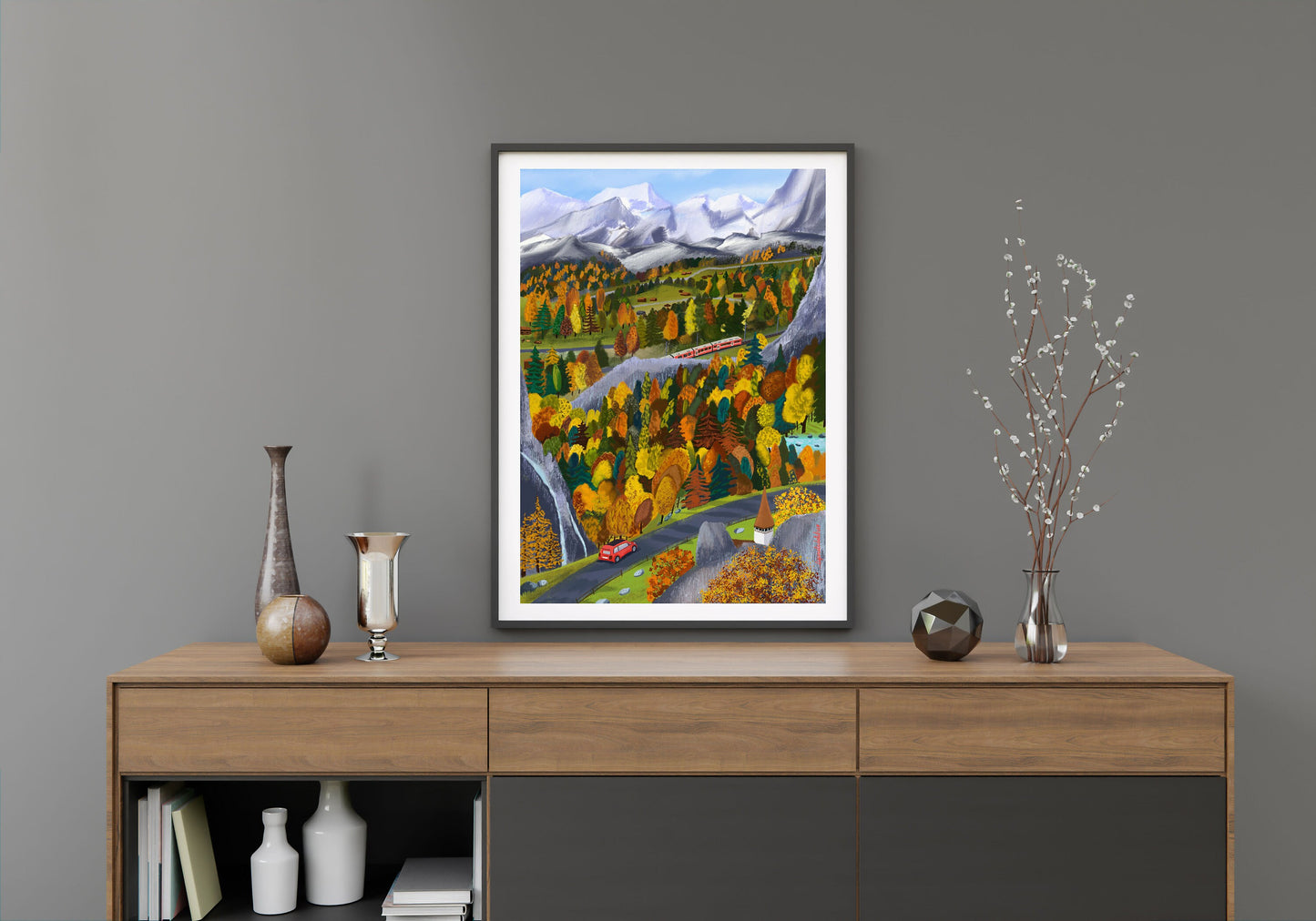 Swiss Alps Autumn Art Print: Colorful Mountain Illustration
