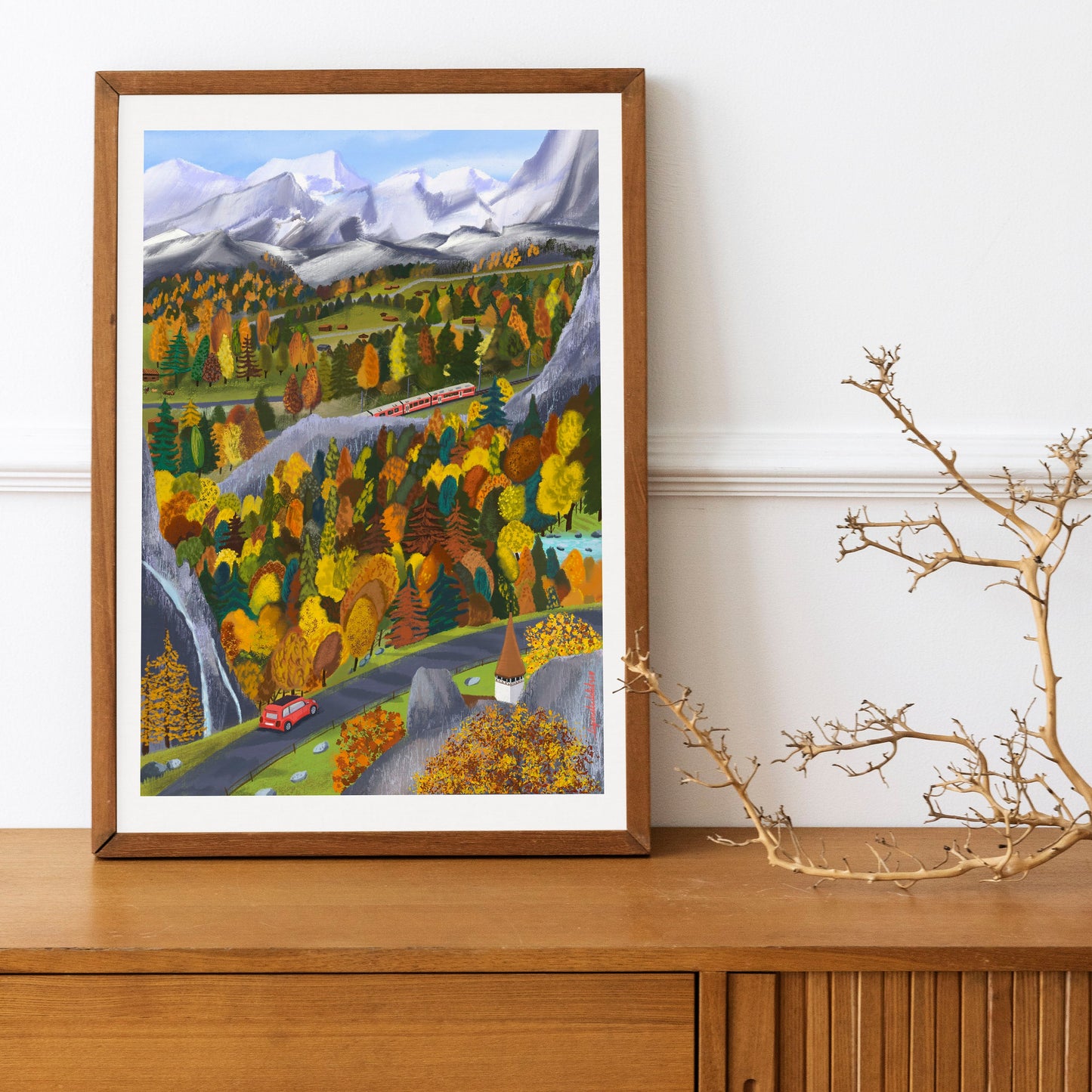 Swiss Alps Autumn Art Print: Colorful Mountain Illustration