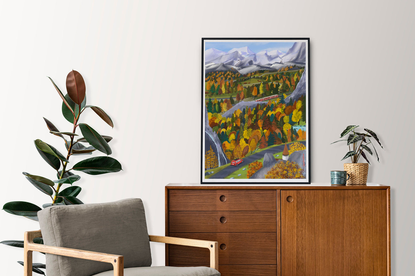 Swiss Alps Autumn Art Print: Colorful Mountain Illustration