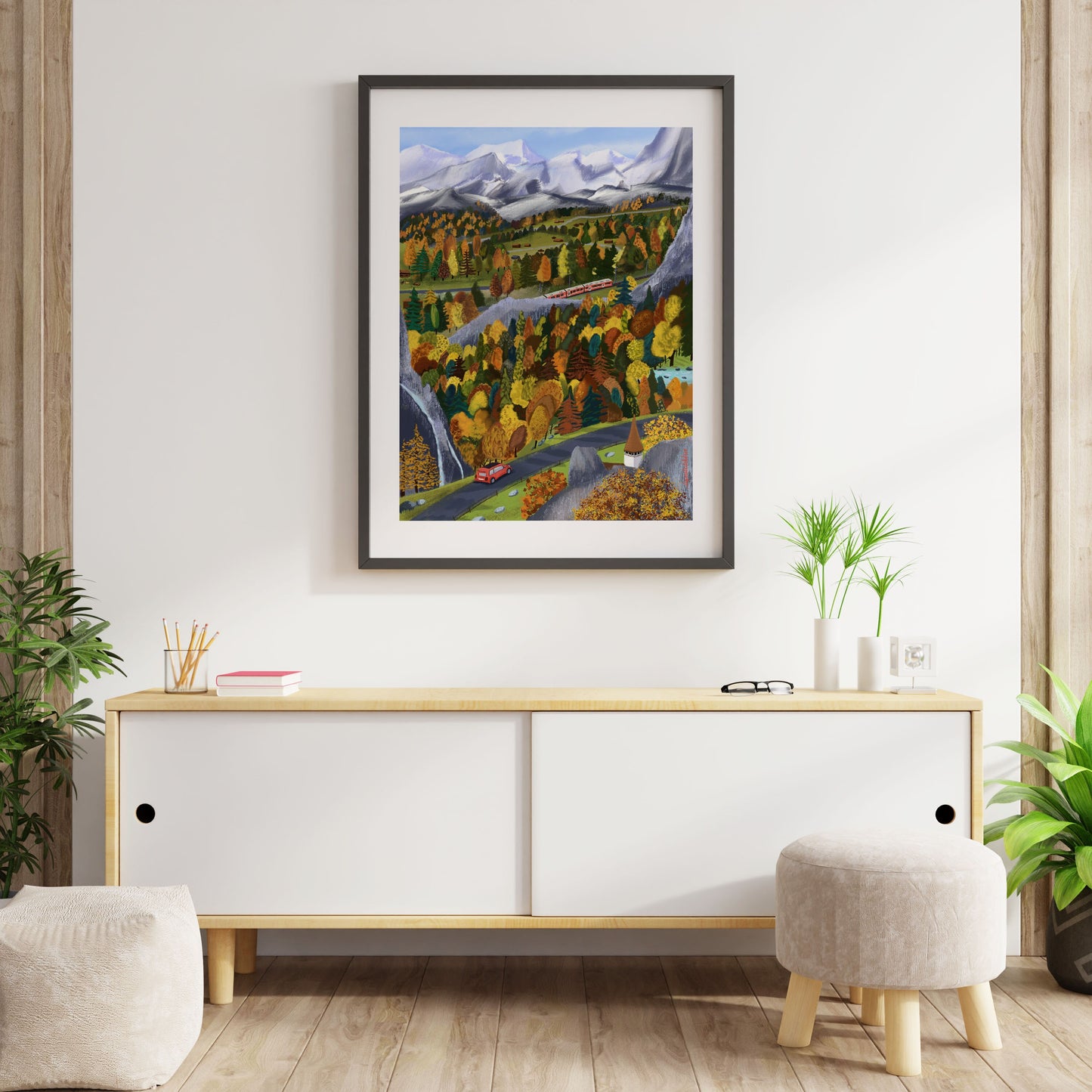 Swiss Alps Autumn Art Print: Colorful Mountain Illustration
