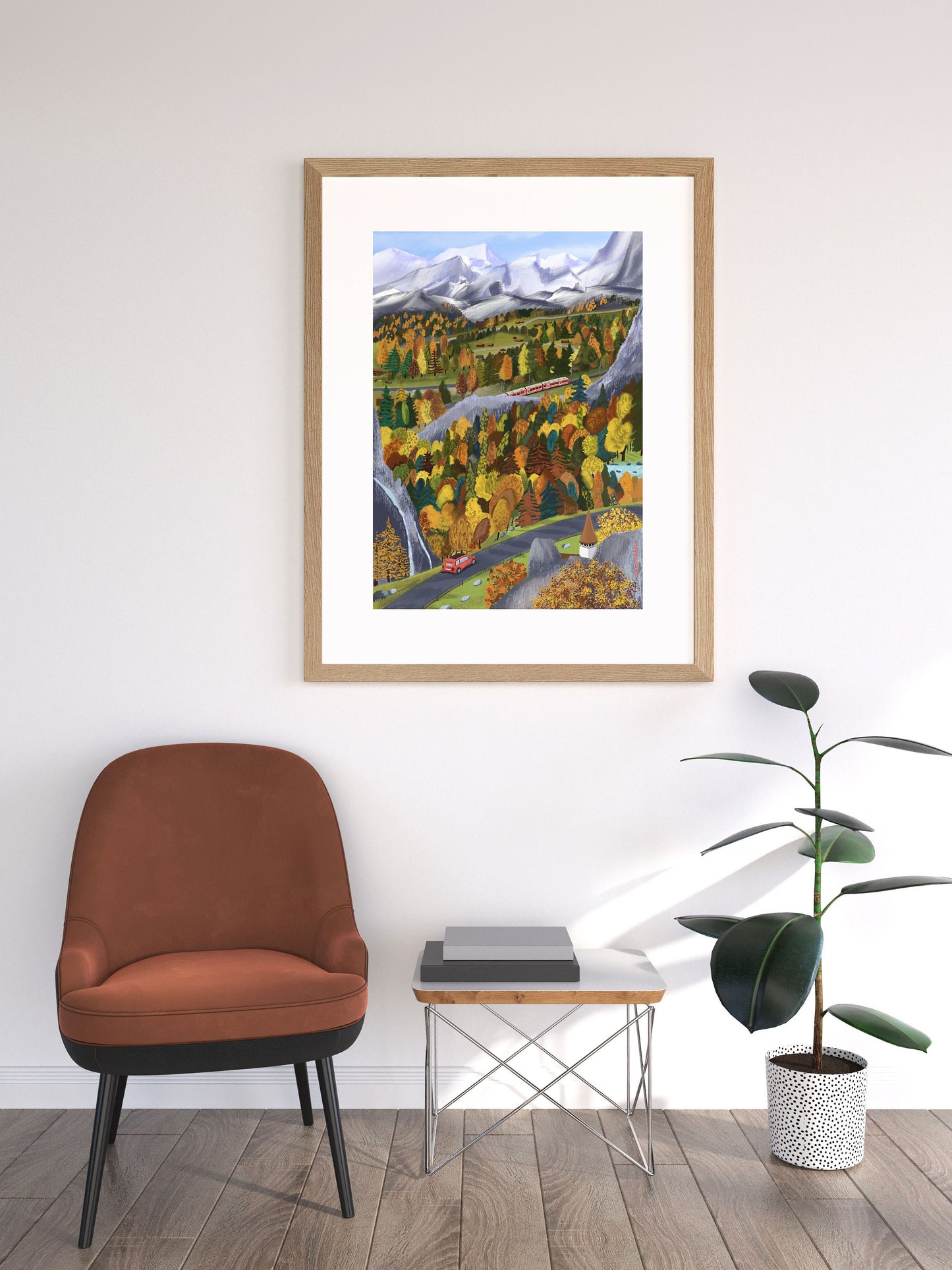 Swiss Alps Autumn Art Print: Colorful Mountain Illustration