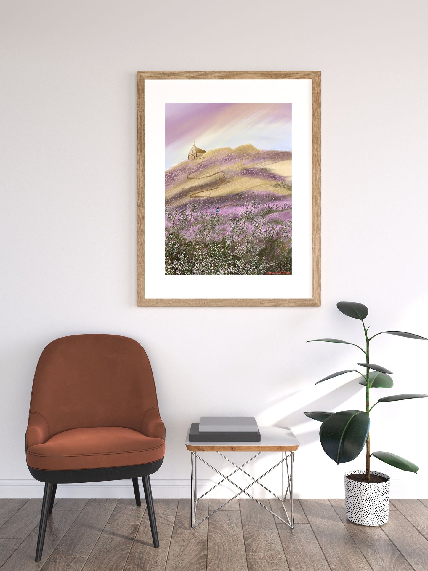 Heather Field Art Print: Church on Hill Illustration, Kitchen Wall art , Botanical art poster