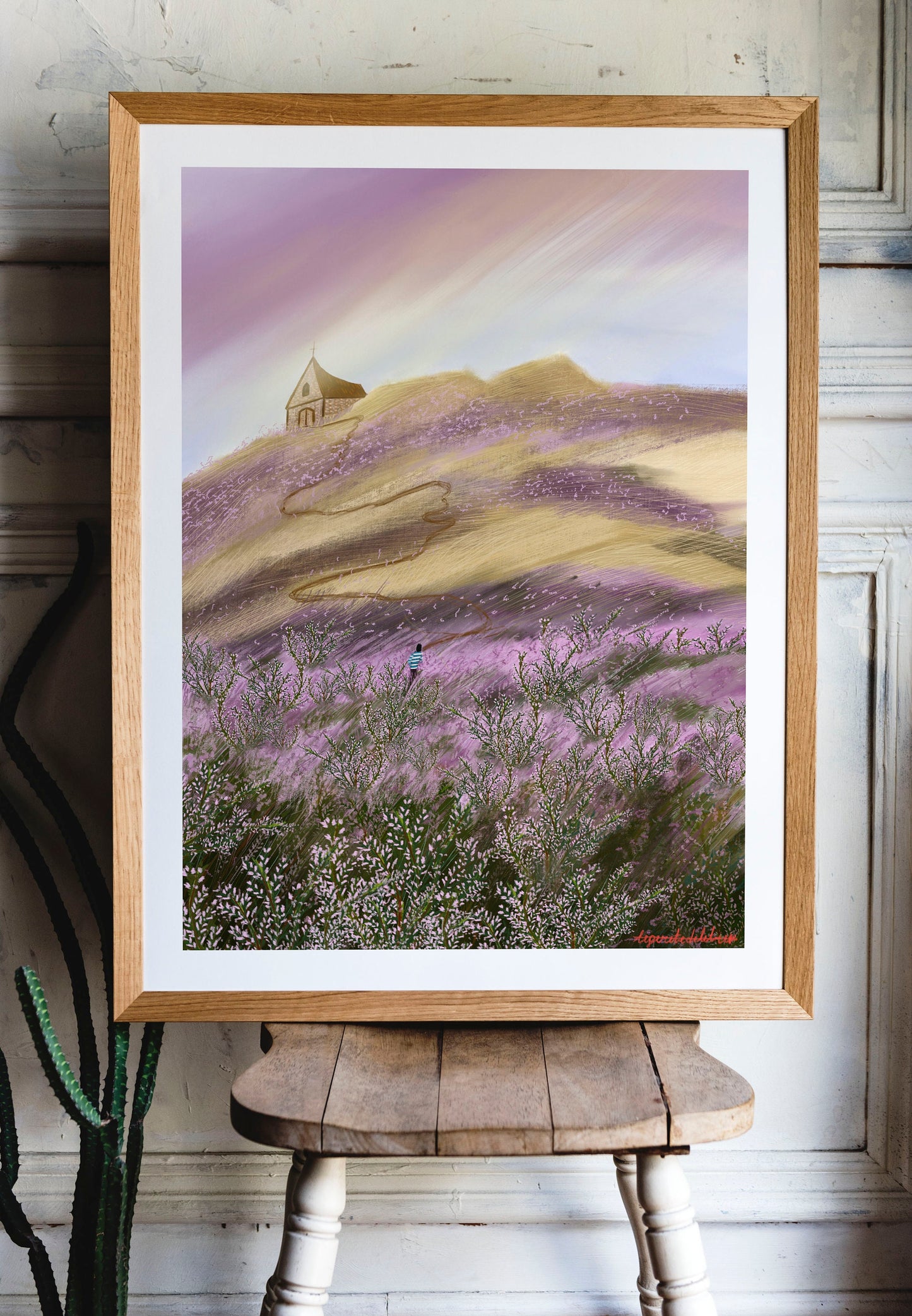 Heather Field Art Print: Church on Hill Illustration, Kitchen Wall art , Botanical art poster