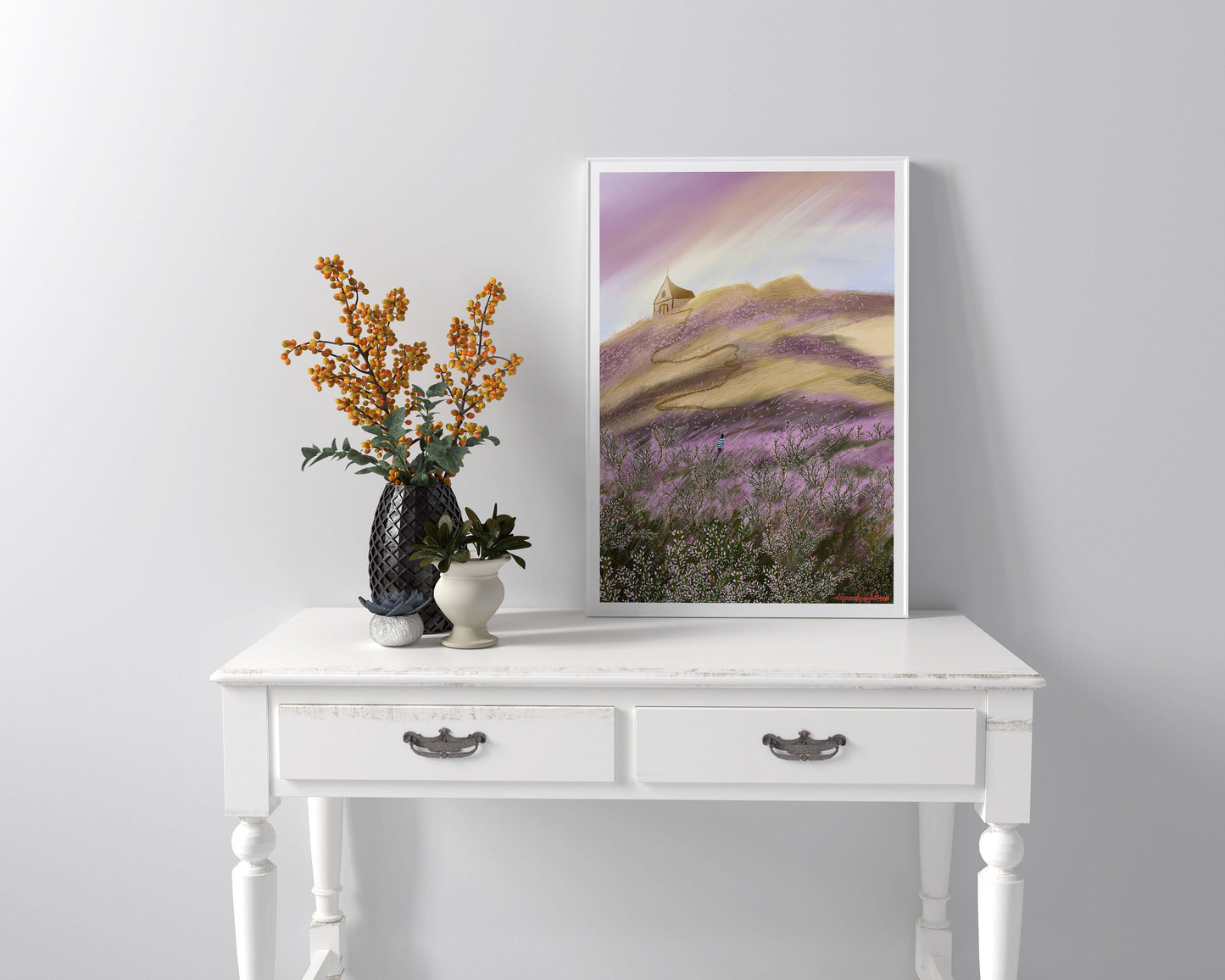 Heather Field Art Print: Church on Hill Illustration, Kitchen Wall art , Botanical art poster