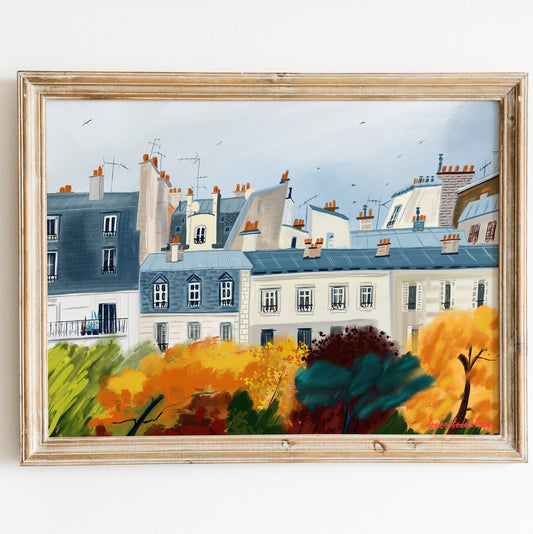 Paris Rooftops Fall Art Print: Parisian Illustration