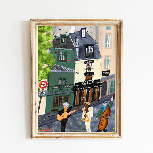 Paris Street Musicians Art Print: Cafe Odette Scene